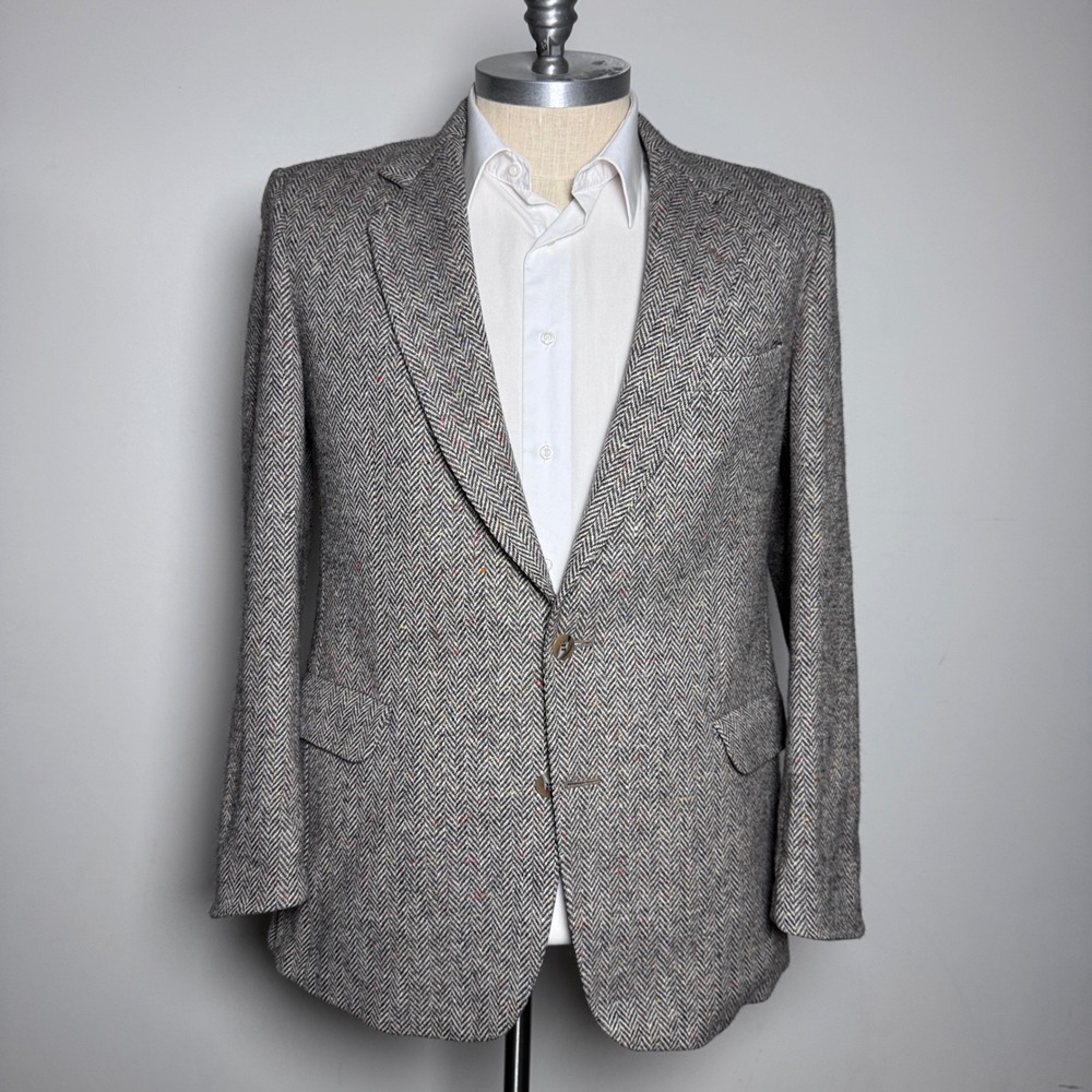 Magee Blazer Mens 44L Gray Herringbone Donegal Tweed Handwoven Wool Ireland